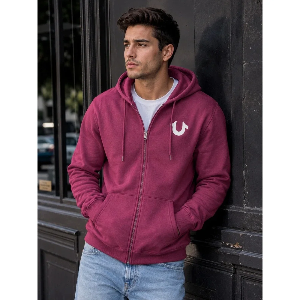 True‎ Religion Mens Horseshoe Logo Zip Up Hoodie Burgundy Large Regular Fit